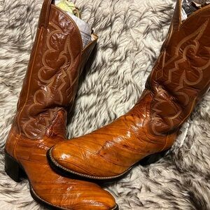Tony Lama Men Top Quality Rich COGNAC EEL & Leather Western COWBOY Boots Sz 10 E